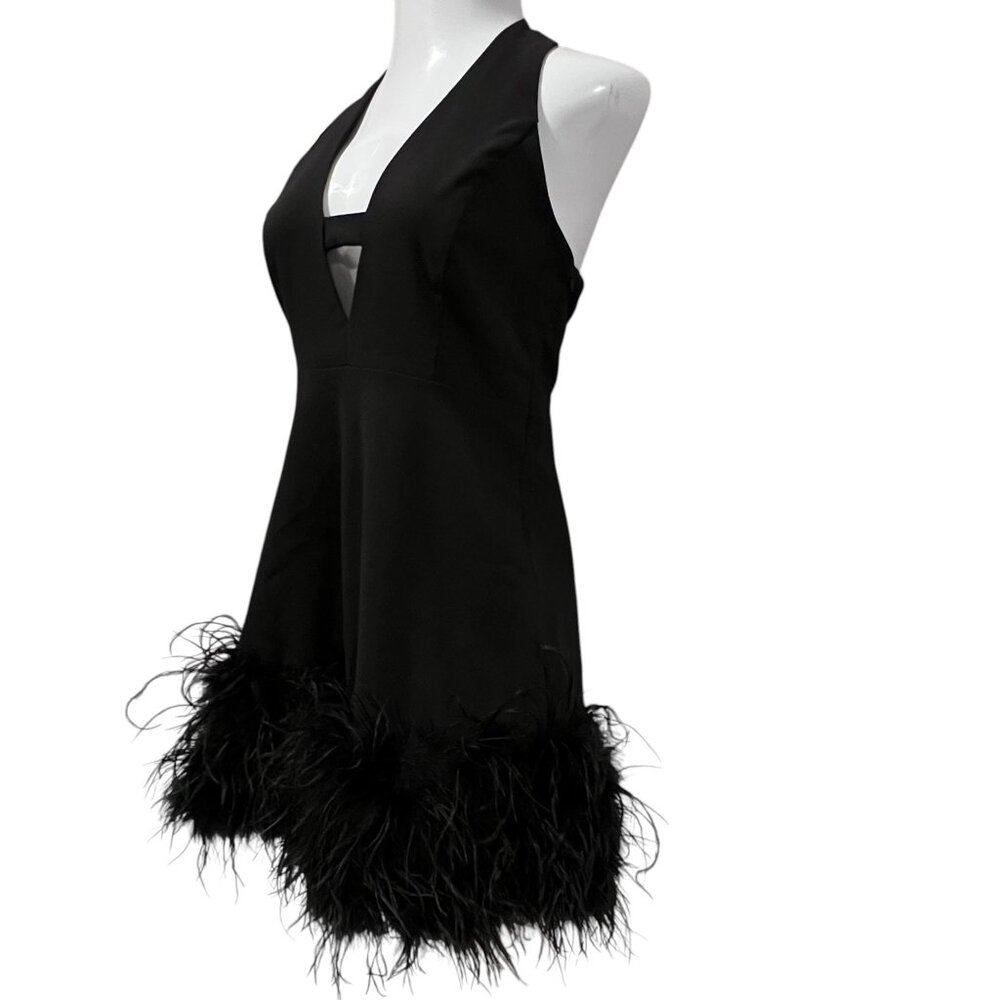 Akira Noel Halter Deep V Feather Trim Mini Dress, Black, XL - Picture 10 of 13